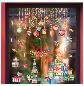 Detailed Christmas window stickers featuring a watercolor wreath and festive gift boxes