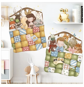 Detail of waterproof PVC wall stickers showing a child sleeping with cute forest animals