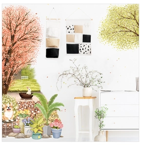 Detail of watercolor cherry blossom tree and cartoon corgi dog wall sticker decals