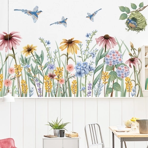 Daisy flower and bird wall stickers for living room skirting board home decoration