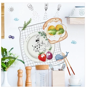 Detail of cartoon food and animal wall stickers showing a cute life is lovely kitchen scene