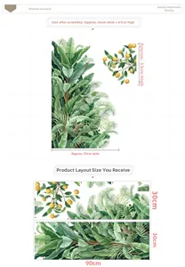 Détails du sticker mural tropical montrant feuilles de bananier et agrumes avec dimensions