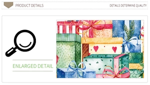 Detail of watercolor Christmas gift box decals with red hearts and festive blue ribbons