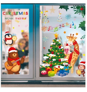 Christmas Music Party window stickers featuring cartoon animals playing instruments