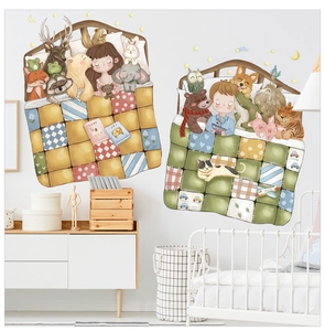 Detail of cartoon wall stickers showing children and forest animals for nursery decor