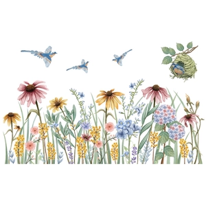 Daisy floral baseboard wall sticker with colorful wildflowers and flying birds design