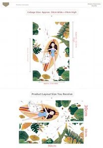 Detail of tropical surf girl wall decal showing layout dimensions and finished setup size