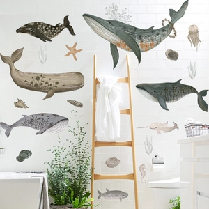 Stickers muraux baleines aquarelle avec motifs floraux pour déco de salle de bain