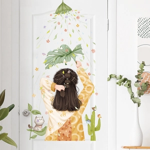 Cute girl and green plants wall stickers for dormitory and bathroom door decoration