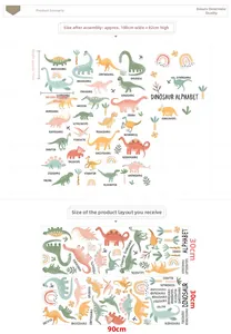 Guide des tailles détaillé pour stickers muraux dinosaures avec dimensions et variétés
