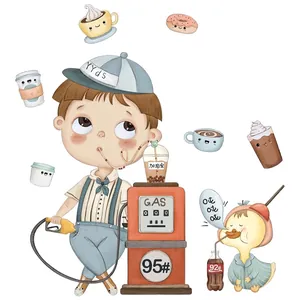 Cartoon boy and yellow duck toilet seat cover sticker for cute bathroom wall decoration