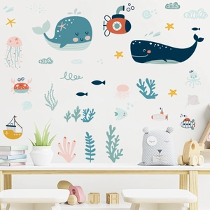 Cartoon Ocean Whale Submarine Wall Stickers Waterproof PVC Marine Life Decals For Kids Room Kindergarten Bedroom Decoration