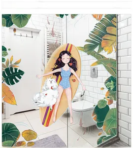 Tropical wall decal featuring a girl on surfboard with monstera leaves on bathroom glass