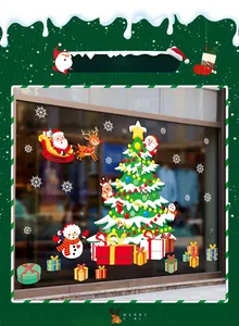 Cartoon Christmas tree and reindeer window decals for festive store shopfront decor