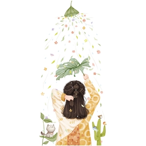 Girl and cat mural wall sticker with monstera leaf and cactus for dorm room decor