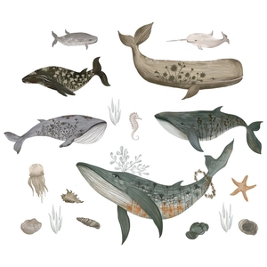 Stickers muraux baleine de mer aquarelle avec motifs floraux pour décoration