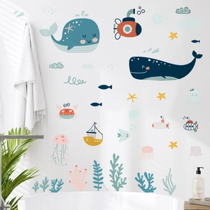 Underwater whale wall decals set with sea animals and corals for kids room bathroom decor