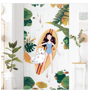 Detail of girl and dog on surfboard wall sticker applied to a white bedroom door