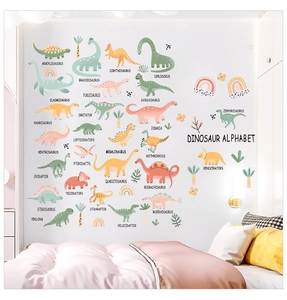Détail des stickers muraux alphabet dinosaures avec diverses espèces et un arc-en-ciel