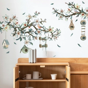 Floral wall stickers with white magnolia flowers and birdhouse for home decor