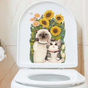 Adesivo per sedile del water con gatto carino e girasoli per decorazione bagno impermeabile