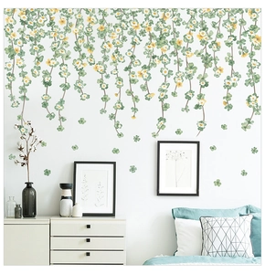 Vertical floral wall sticker featuring white daisies and green clover for bedroom decor