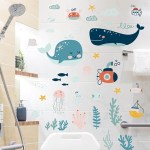 Cartoon whale wall stickers for kids bathroom with blue ocean animals and coral sea theme