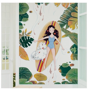 Detailed view of girl and dog surfing wall decal on a modern white glass door