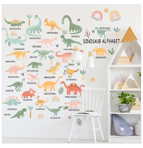 Détails des stickers muraux alphabet dinosaure dessinés à la main en tons Morandi