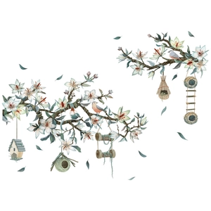Watercolor floral wall sticker with white lilies birds and birdhouse in serene Morandi tones