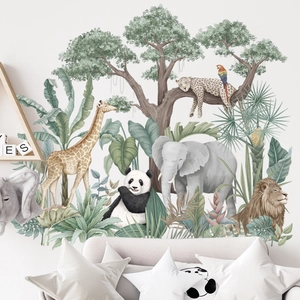 Tropical rainforest wall stickers with giraffe, elephant, and lion in watercolor style