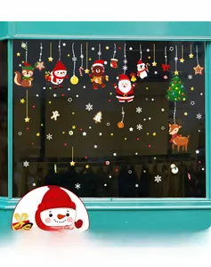 Detail of Christmas window stickers featuring Santa, snowman and elk static clings