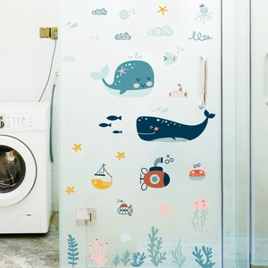 Cartoon whale ocean world wall decals for children's room decoration in soft blue tones