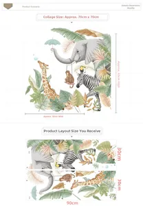 Jungle animal wall sticker dimensions guide with elephant and giraffe layout details