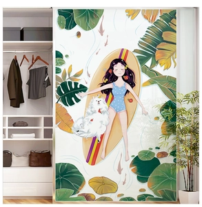 Detail of girl and dog on surfboard wall sticker applied to modern white wardrobe door