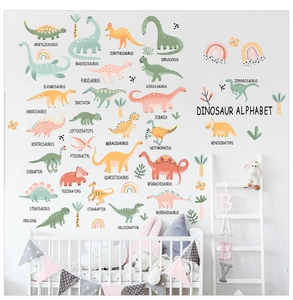 Détail de stickers muraux dinosaures de style nordique avec figurines et lettres colorées