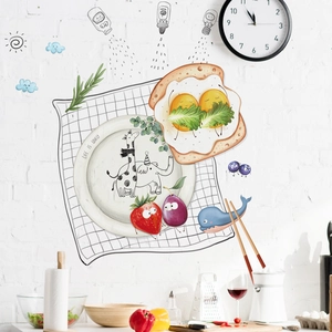 Cartoon kitchen wall stickers featuring cute animals and food on a white tile wall background