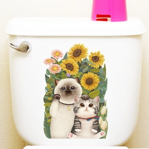 Adesivo per WC con gatti carini e girasoli per decorazione murale del bagno in stile cartone
