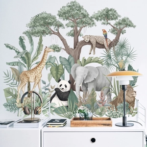 Jungle animals wall decal featuring elephants, giraffes and lions for nursery decor
