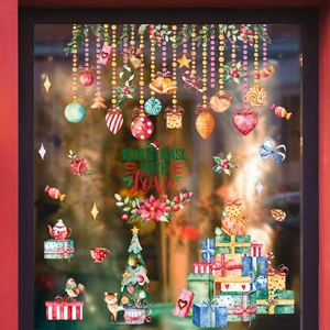 Christmas tree and watercolor holiday window stickers with festive ornaments and fox motif