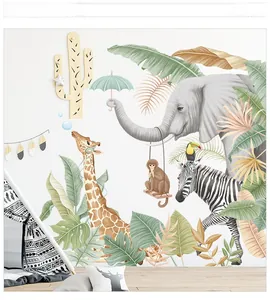 Detail of tropical animals wall stickers showing elephant and giraffe in nursery room