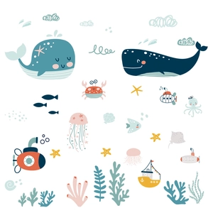 Cute cartoon whale and ocean creatures wall stickers for children's room decoration