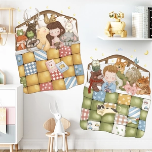 Cartoon kids room wall decal featuring girls and animals sleeping under cozy blankets
