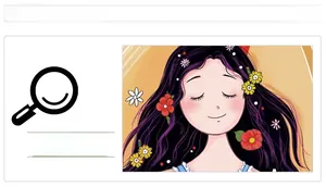 Detailed close-up of a girl illustration with floral hair deco and blue checkered dress