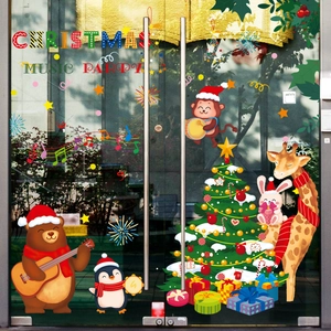 Christmas Music Party cartoon animal window stickers with Santa, penguin and giraffe