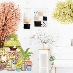 Cartoon cherry blossom tree and corgi dog wall stickers for home wall decoration