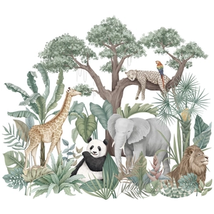 Tropical rainforest wall stickers with watercolor elephant giraffe lion and palm leaves