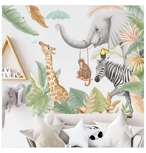 Detail of tropical animals wall stickers including giraffe and elephant in a kids room