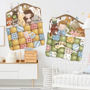Cartoon kids room wall stickers featuring cute sleeping children and forest animals