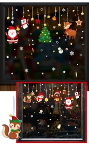 Detail of Christmas window clings featuring Santa, reindeer, and vibrant festive stickers